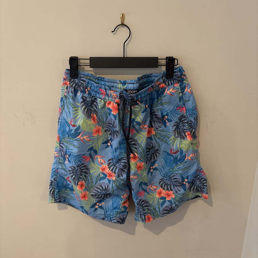 ZOOM - men's blue tropical floral print swim trunks with a drawstring waistband